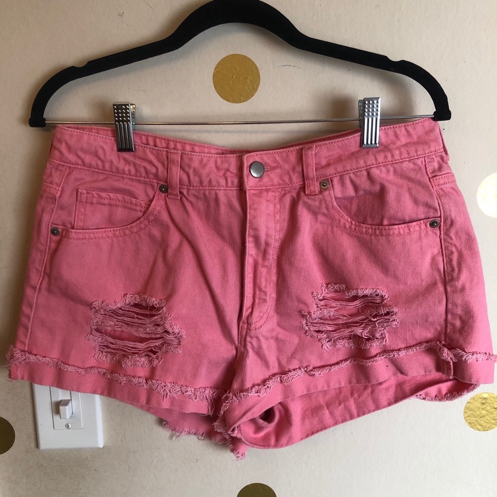Pink Distressed Denim Shorts